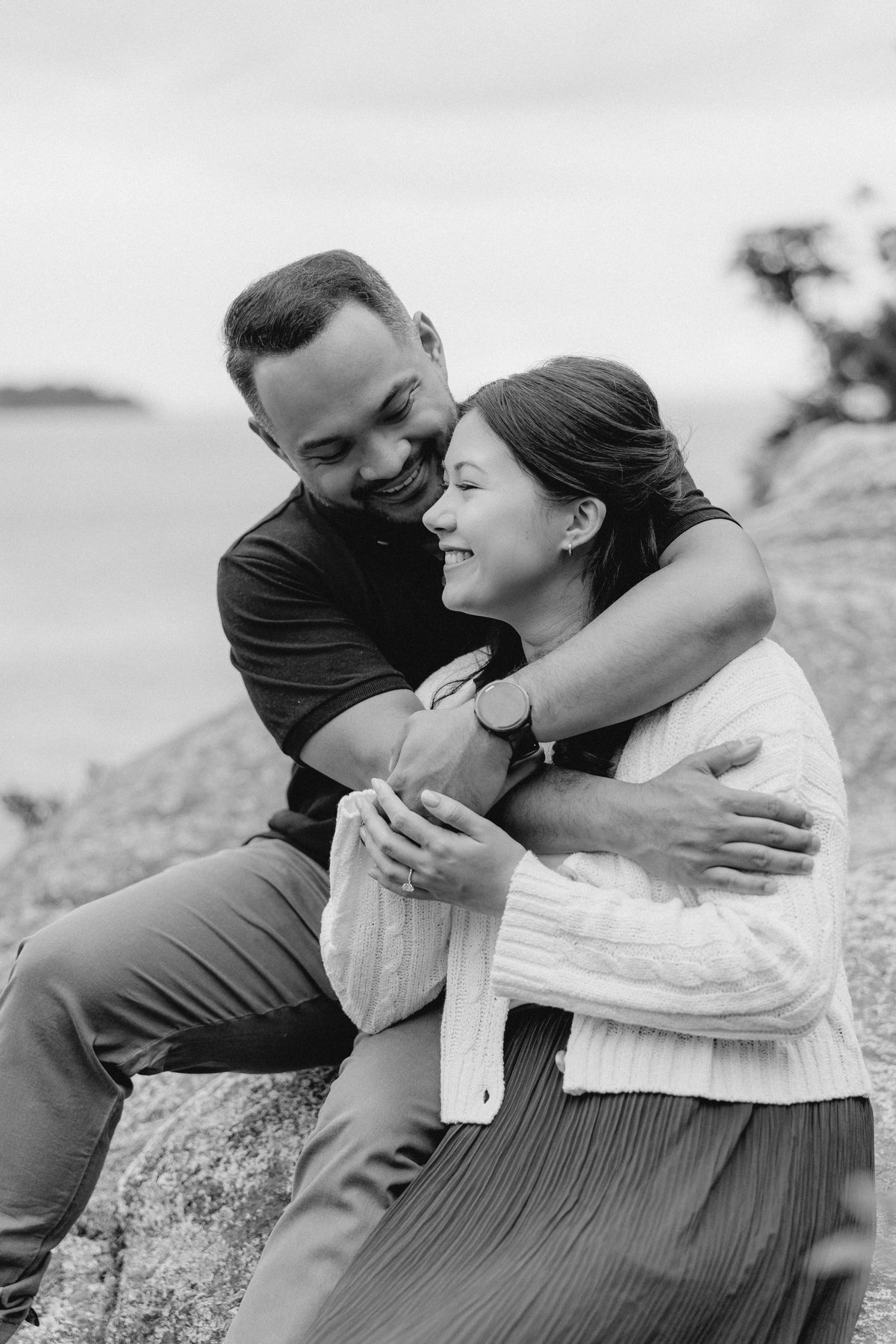 Black and white engagement embrace