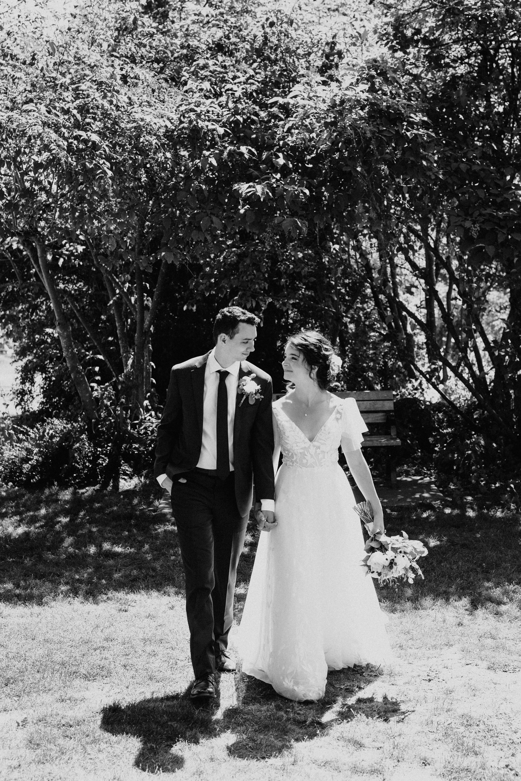 Walking out through the woods, black and white
