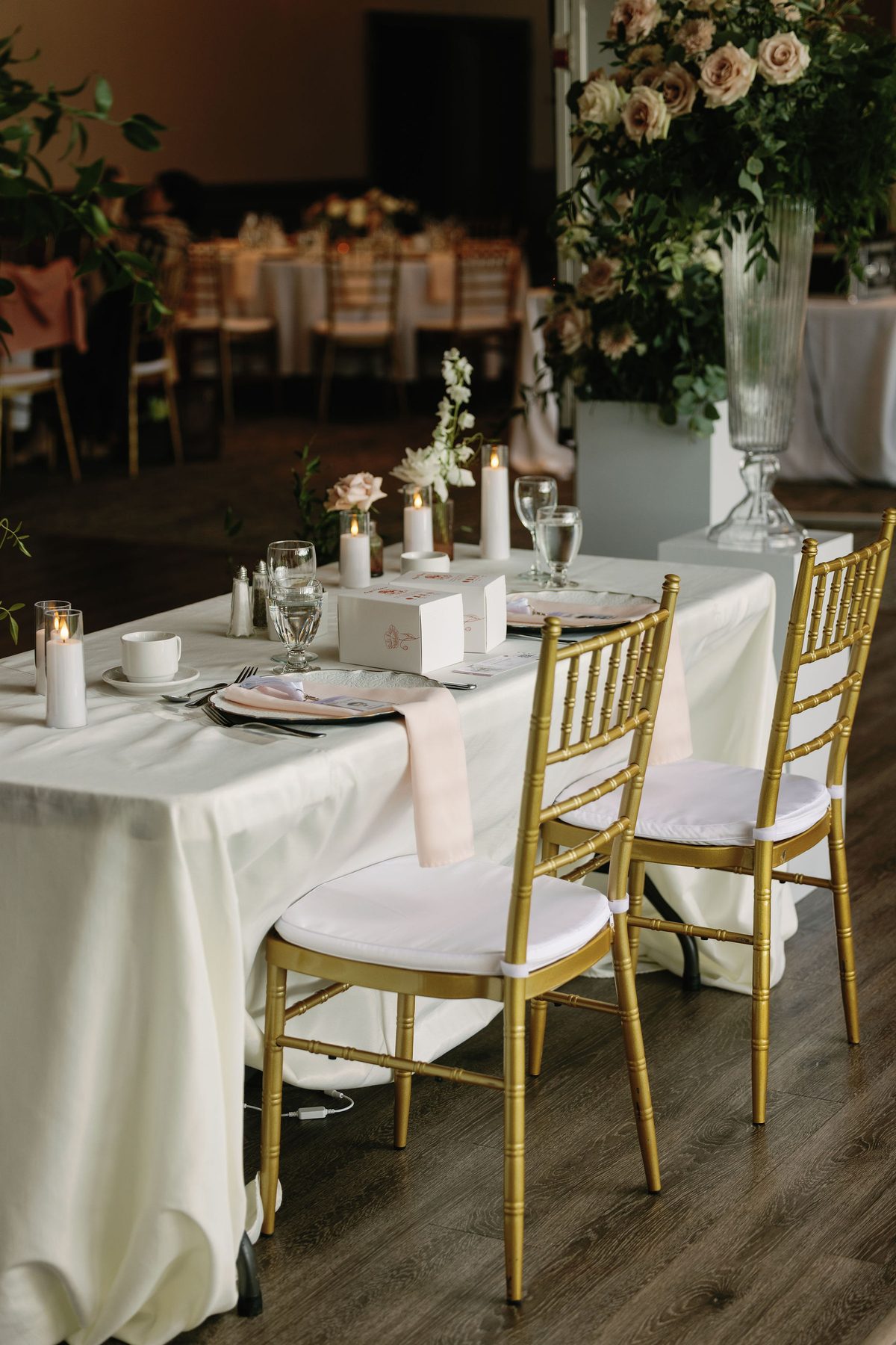 Long banquet table set for a small wedding reception