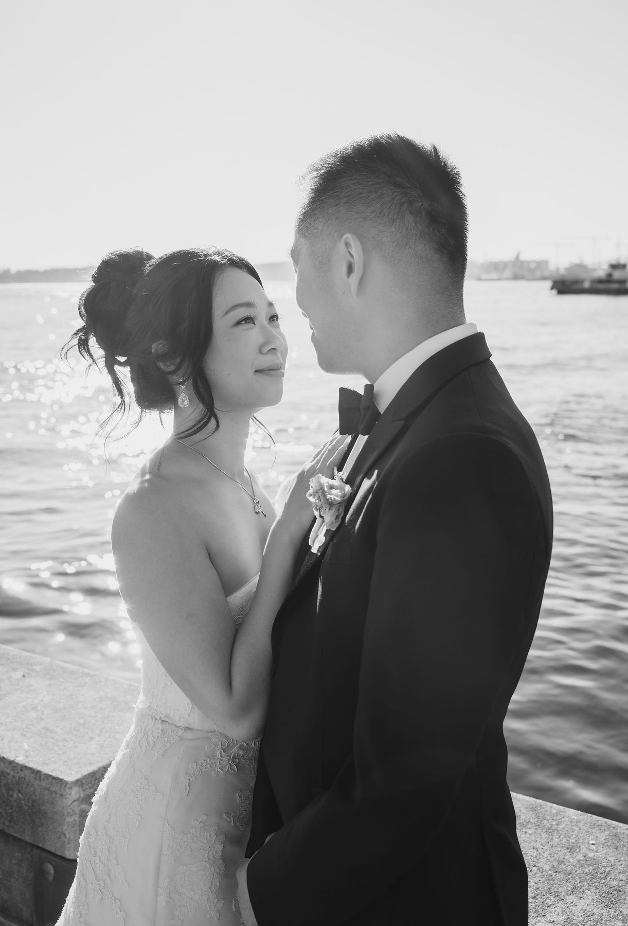Black and white wedding embrace